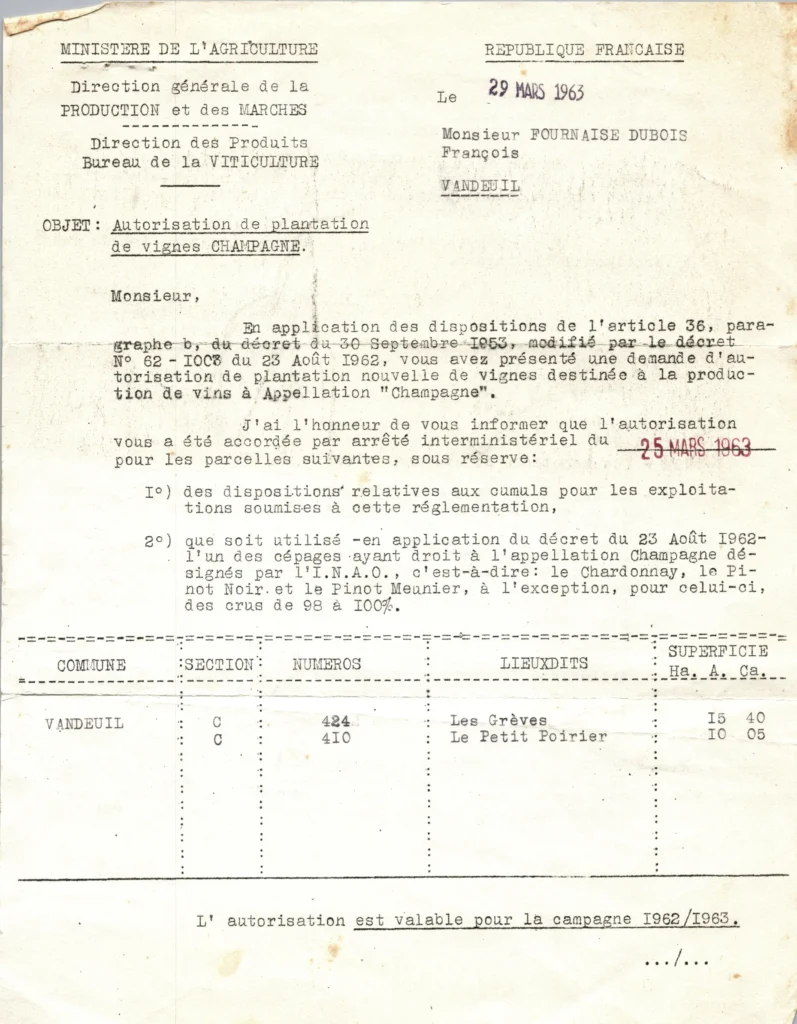 Autorisation de Monsieur Fournaise pour la Plantation de deux nouvelles parcelles en 1963.